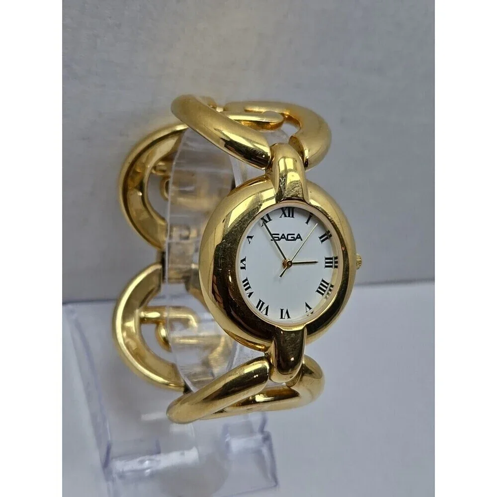 Saga by Mathey Tissot Womens Gold Tone Chunky Bracelet Watch Roman New Battery